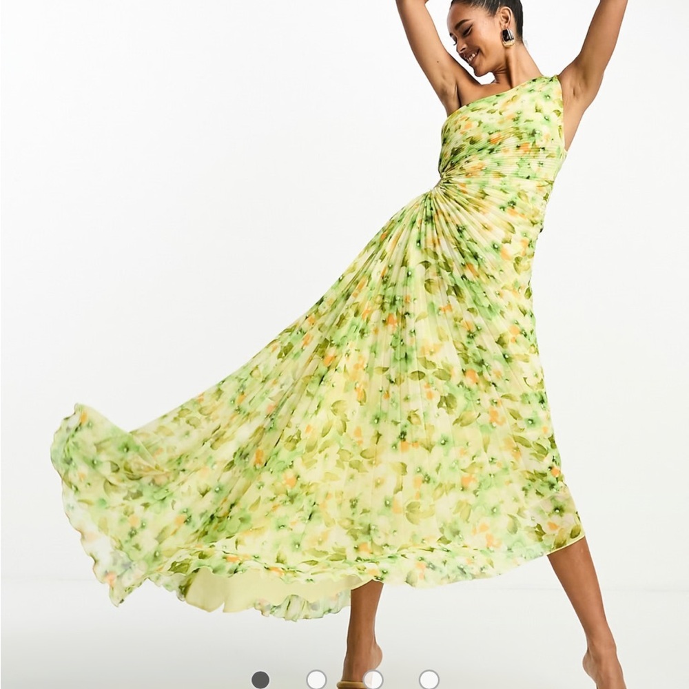 Mango One-Shoulder Asymmetric Floral Dress in Green and Yellow